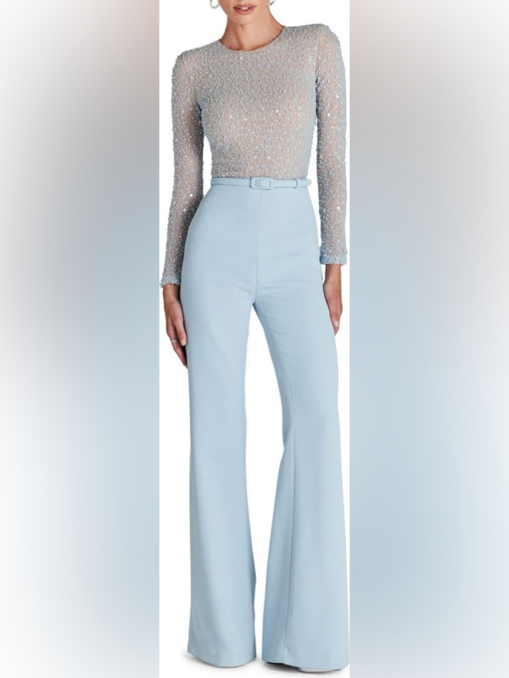 NADINE MERABI Misha Beaded Long Sleeve Wide Leg Jumpsuit-Powder Blue Size XL/12